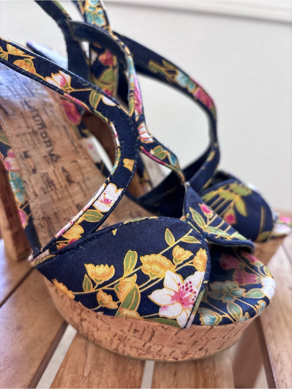 Chinese Laundry Navy Floral Cork Platform Heels - Picture 5 of 7